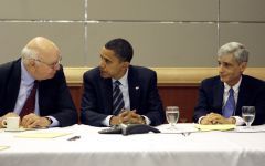 (l to r) Paul Volcker, Barack Obama, Robert Rubin